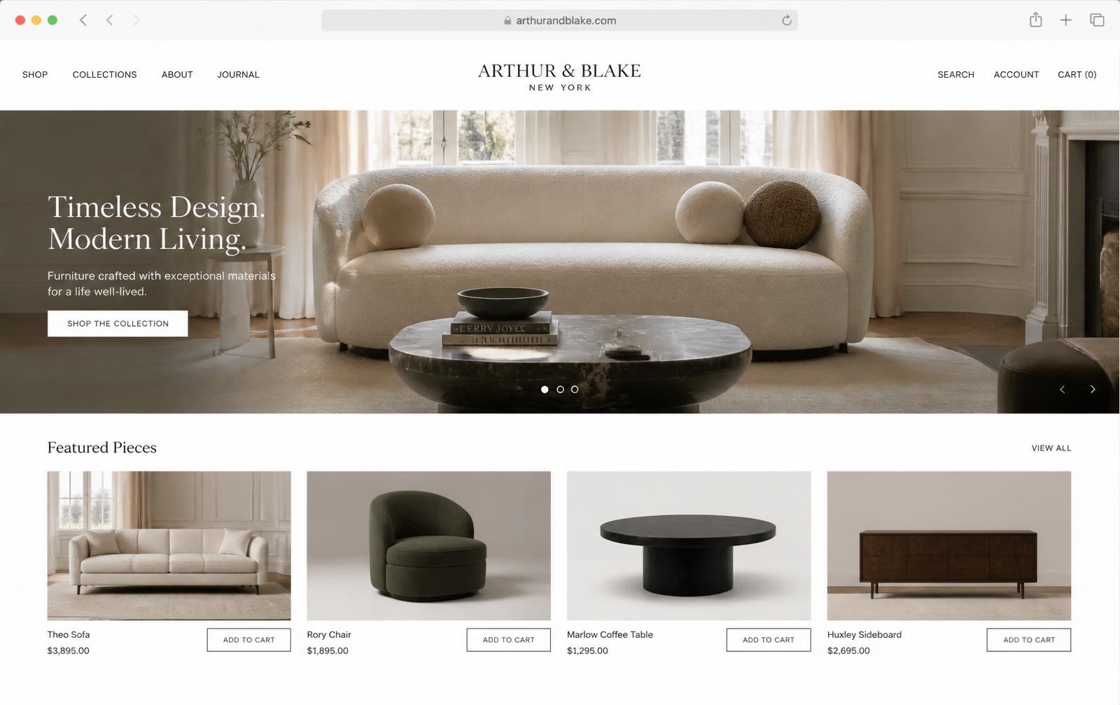 Luxury furniture Shopify storefront with editorial hero and product grid